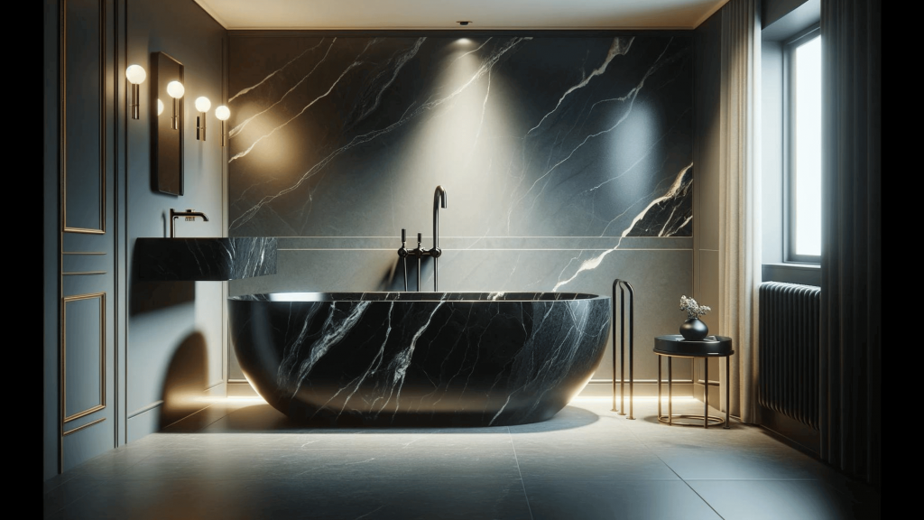 NMA luxurious bathroom, featuring the Alexandrette Black Marble bathtub